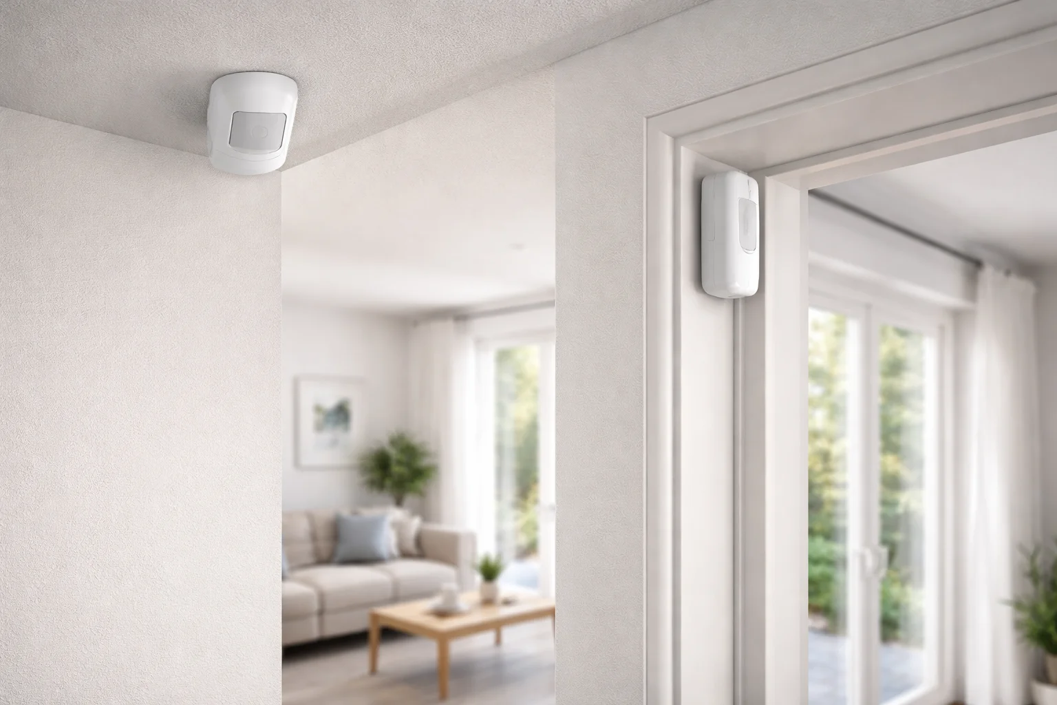 Détecteur de mouvement et capteur d'ouverture de porte dans un salon moderne