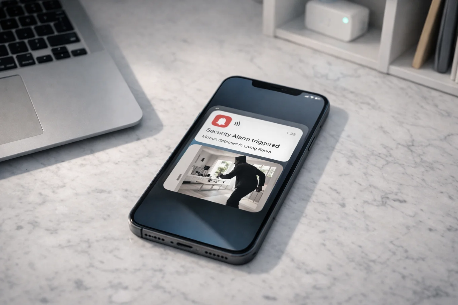 Alerte d'alarme sur smartphone avec vue caméra dans un bureau moderne