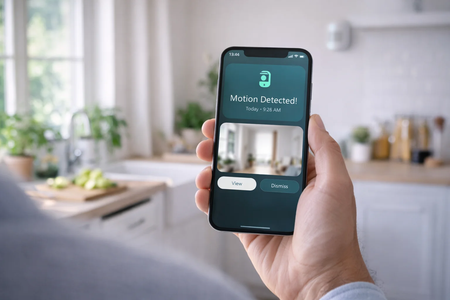 Application mobile affichant une alerte de mouvement sur smartphone dans une cuisine
