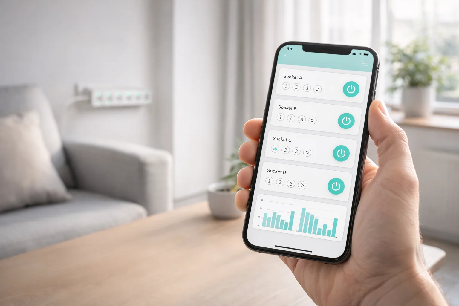 Application de contrôle multiprise connectée sur smartphone dans un salon lumineux