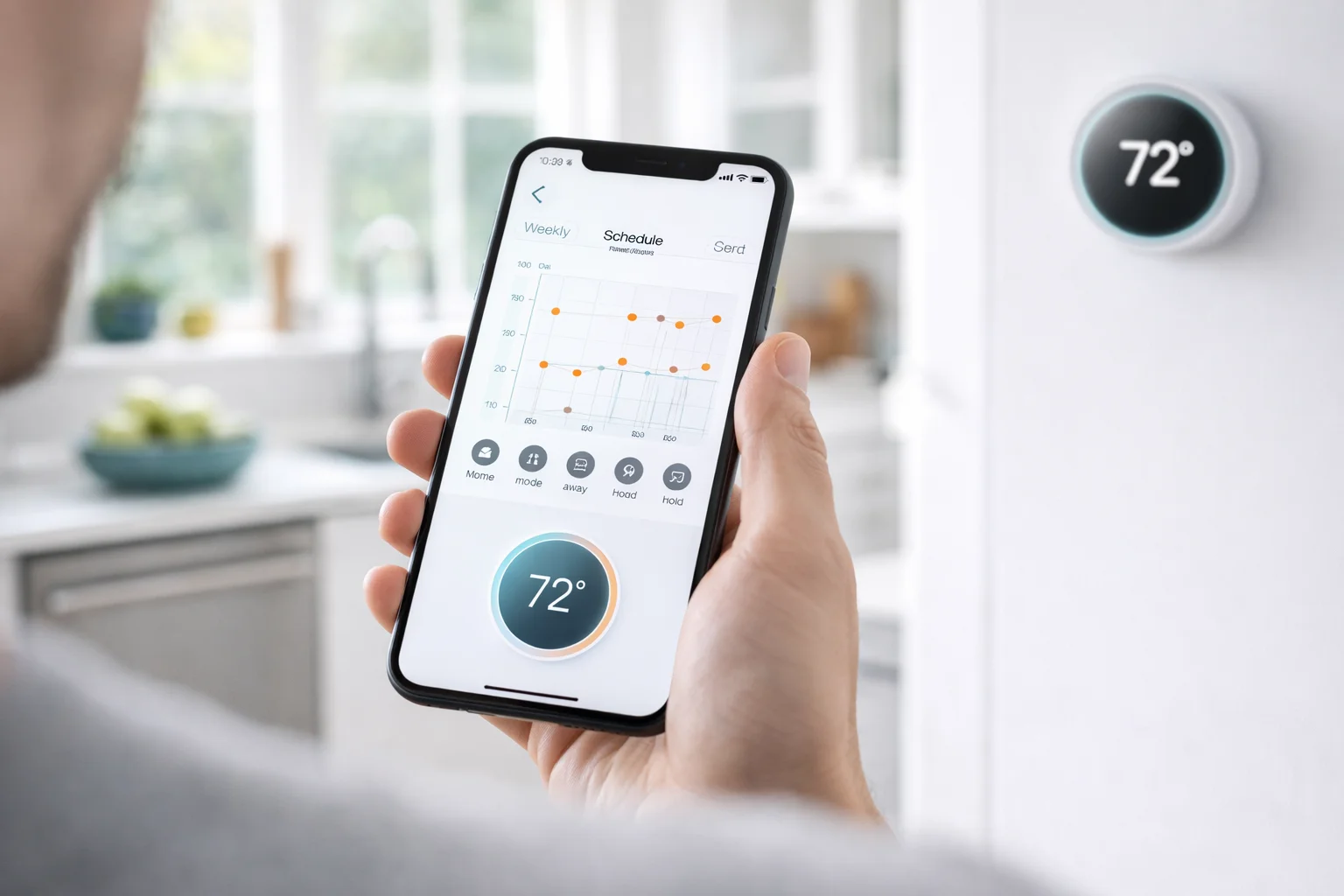Application de contrôle thermostat connecté sur smartphone dans une cuisine moderne