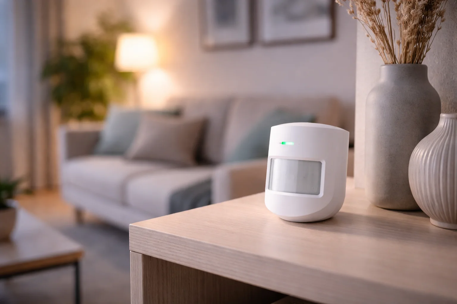 Capteur de mouvement WiFi posé sur une étagère dans un salon épuré