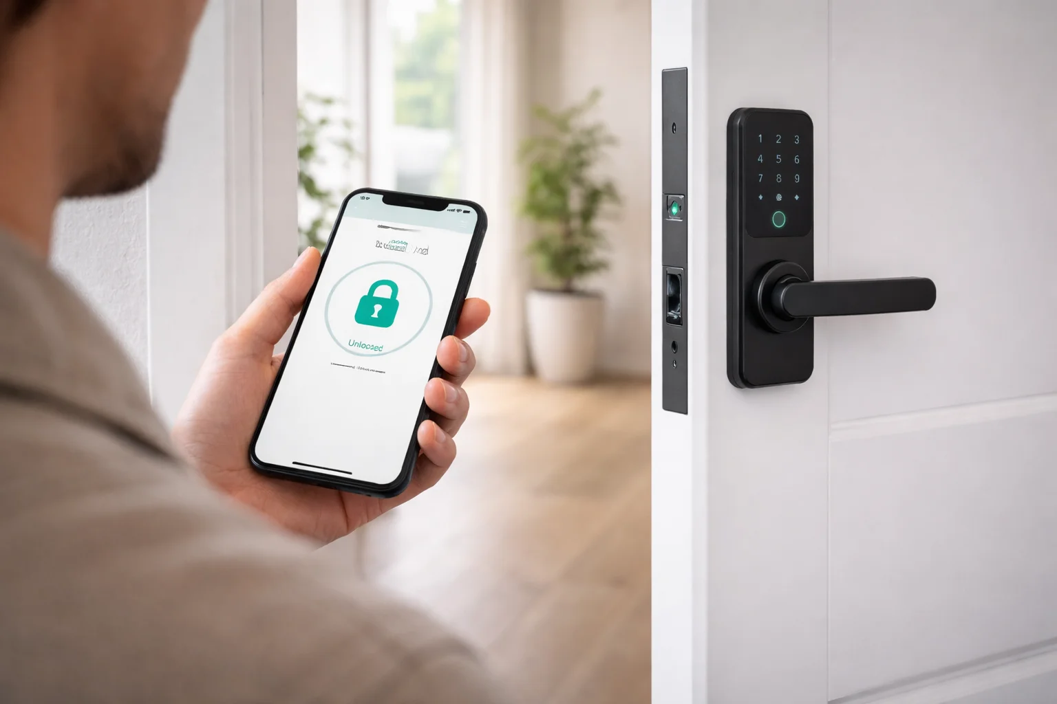 Digicode mural avec clavier numérique rétroéclairé dans une entrée d'appartement