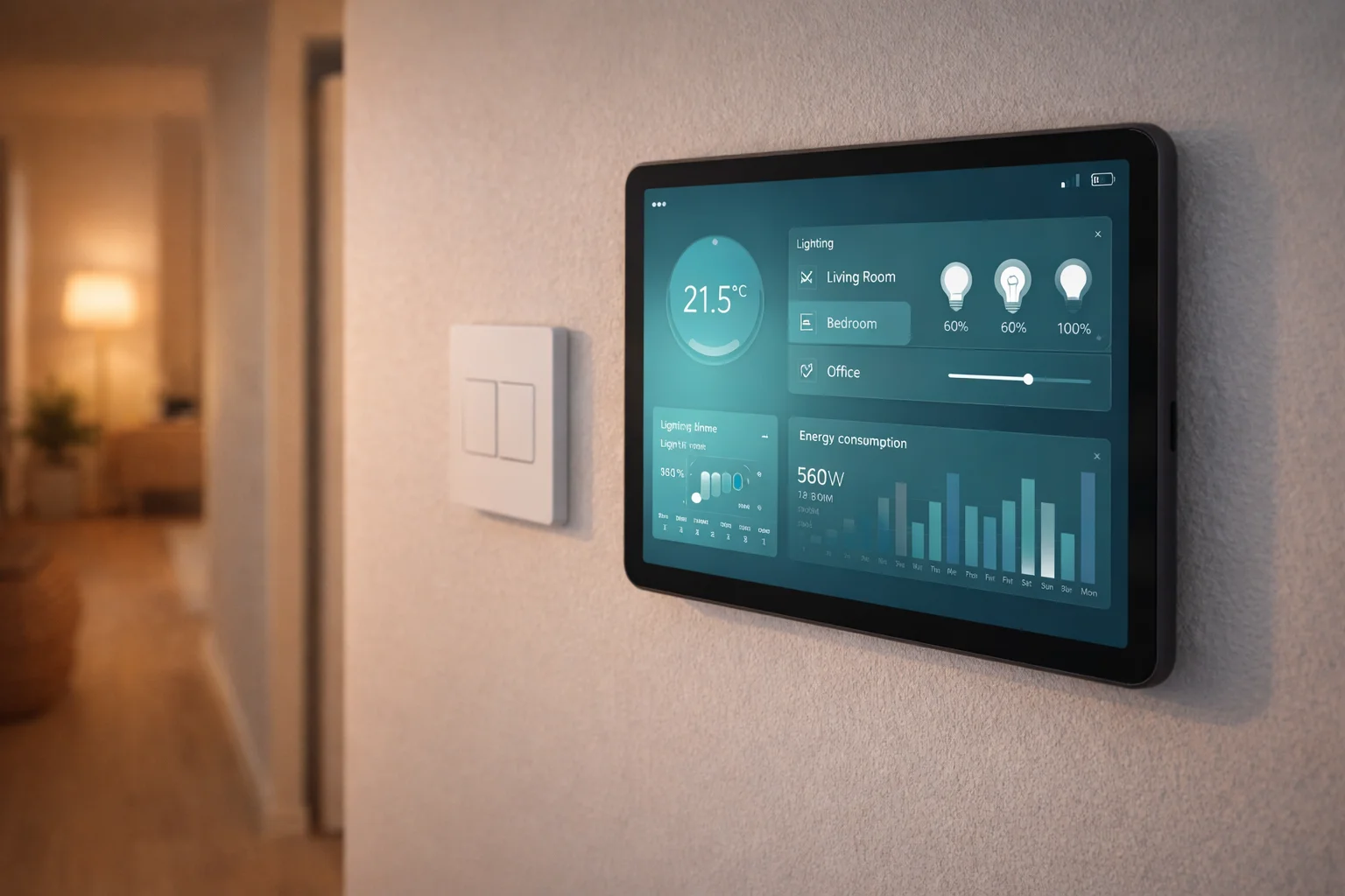 Interface Home Assistant sur tablette murale dans une entrée moderne