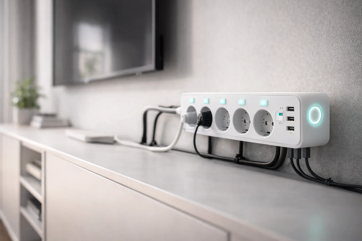 Multiprise connectée installée derrière un meuble TV dans un salon moderne