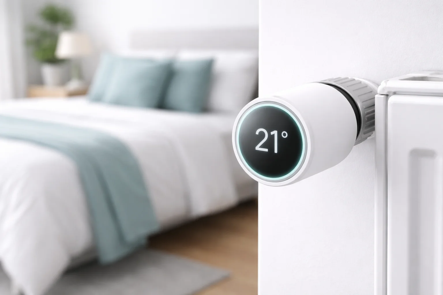 Tête thermostatique connectée montée sur un radiateur dans une chambre épurée