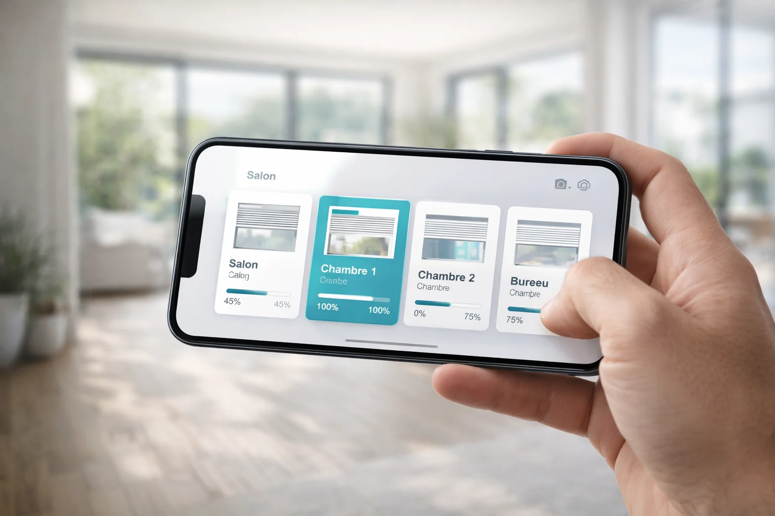 Application smartphone affichant le contrôle de 4 volets roulants connectés